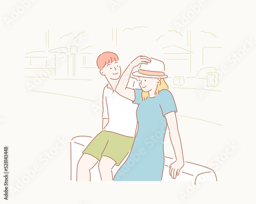 Young couple sitting on bench in park. Hand drawn style vector design illustrations.