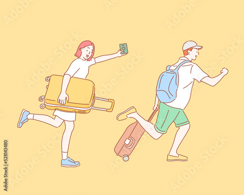 side view of happy couple running with travel bags isolated on yellow. Hand drawn style vector design illustrations