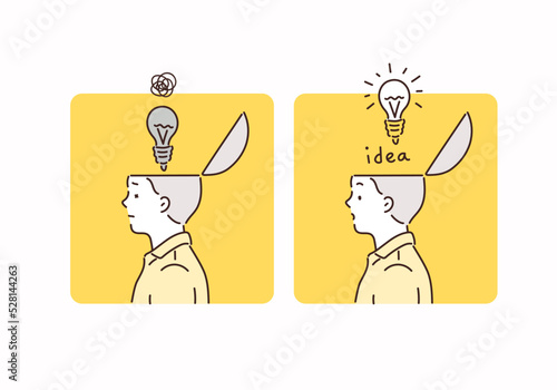 businesspeople with lightbulb in the open heads on background. Hand drawn style vector design illustrations.
