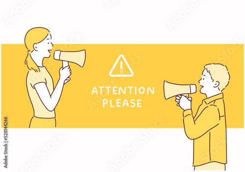 Woman and man on vibrant yellow background shouting through a megaphone to announce something in lateral position. Hand drawn style vector design illustrations.