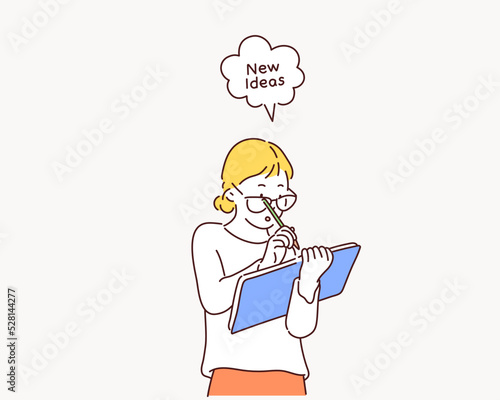 Attentive inspired teenage girl is writing new ideas. Hand drawn style vector design illustrations.