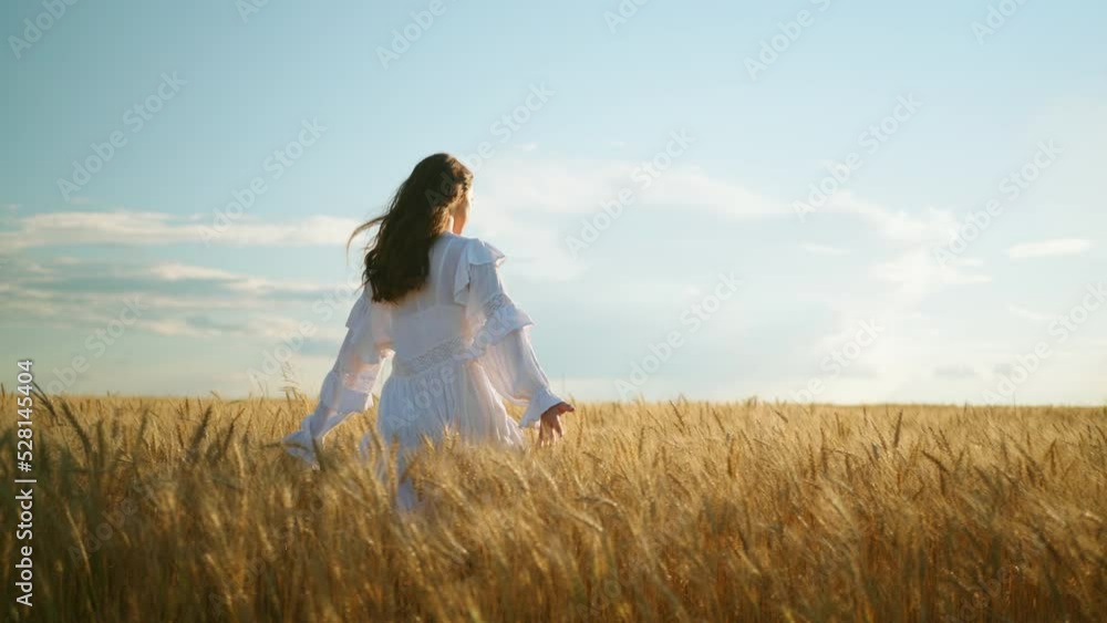 happiness and freedom in golden rye field, woman is running on ears of wheat, slow motion, swaying hair happiness and freedom in golden rye field, woman is running on ears of wheat, slow motion, swaying hair