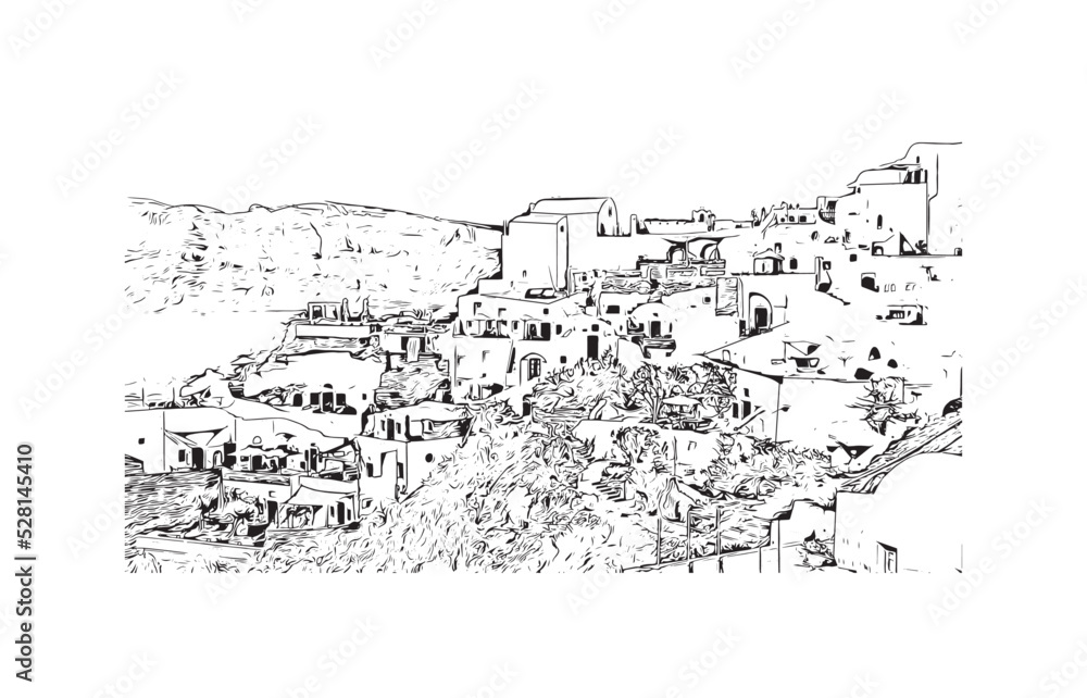 Building view with landmark of Oia is the 
village in Greece. Hand drawn sketch illustration in vector.