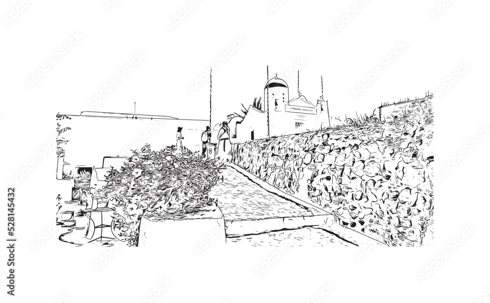 Building view with landmark of Oia is the 
village in Greece. Hand drawn sketch illustration in vector.