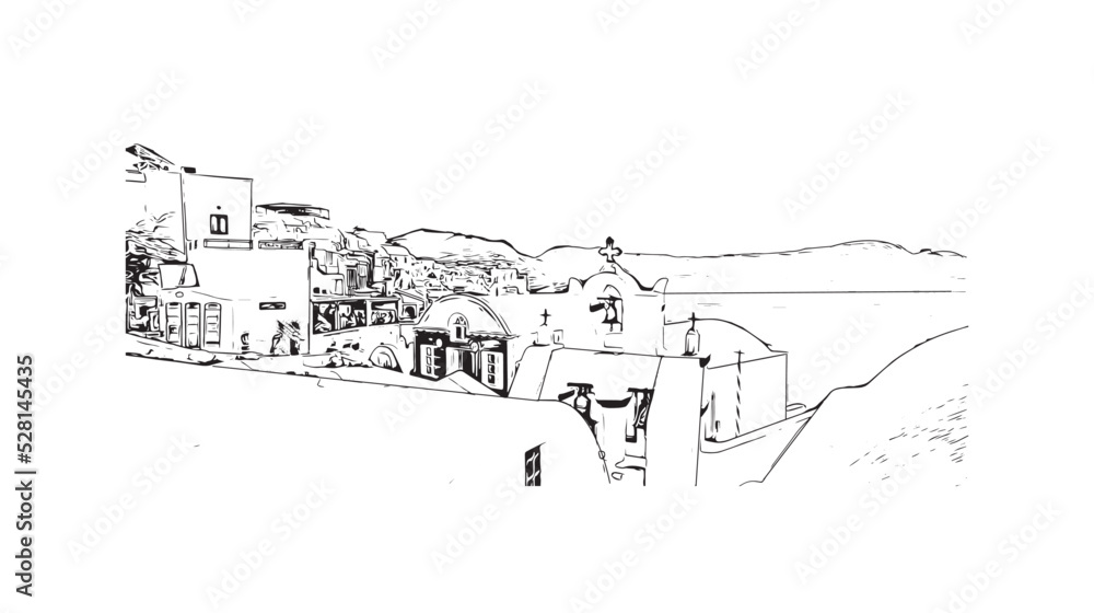 Building view with landmark of Oia is the 
village in Greece. Hand drawn sketch illustration in vector.