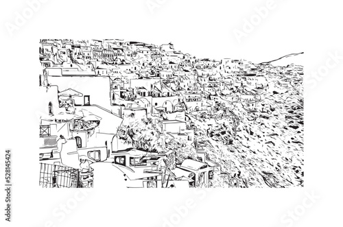 Building view with landmark of Oia is the  village in Greece. Hand drawn sketch illustration in vector.
