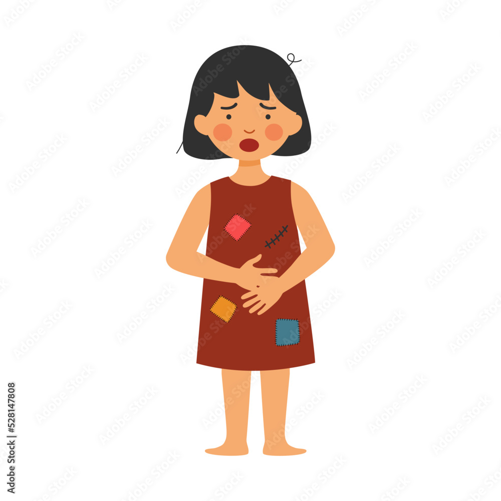 Poverty hungry girl wearing old and dirty clothes in flat design on white background. Poor kids. Poverty hungry girl wearing old and dirty clothes in flat design on white background. Poor kids.