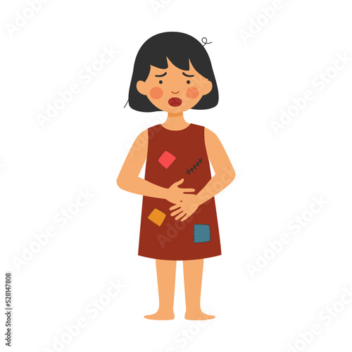 Poverty hungry girl wearing old and dirty clothes in flat design on white background. Poor kids.
