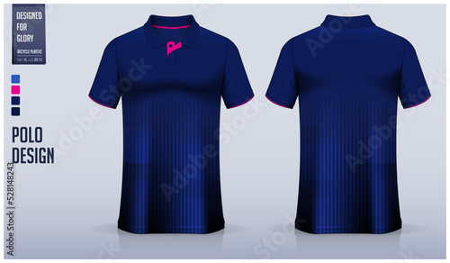 Blue polo shirt mockup template design for soccer jersey, football kit, golf, tennis, sportswear. Geometric pattern.