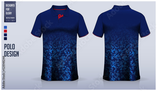 Blue polo shirt mockup template design for soccer jersey, football kit, golf, tennis, sportswear. Camouflage pattern.