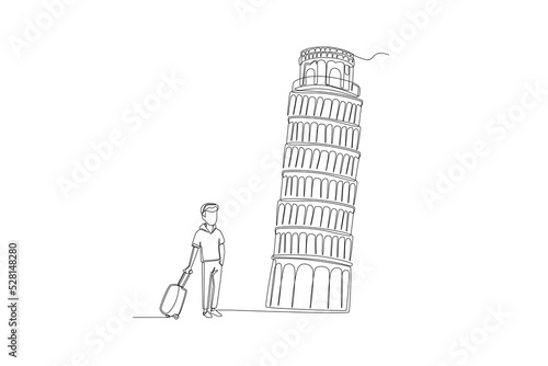 Continuous one line drawing young businessman with suitcase travel to Pisa tower in Italy. Landmark concept. Single line draw design vector graphic illustration.