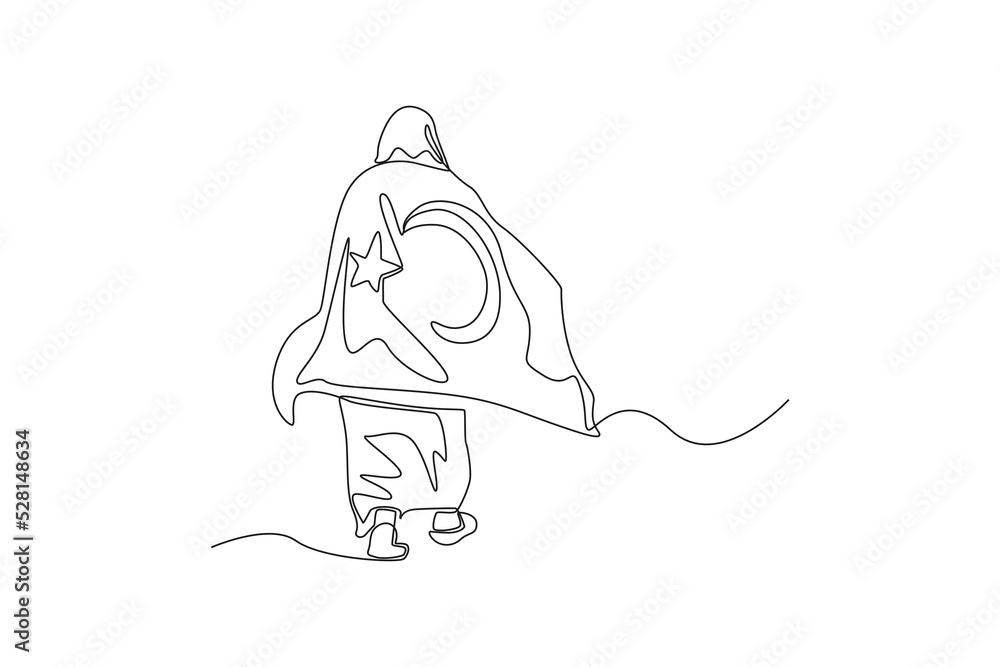 Single one line drawing woman with Turkish flag. Turkey Republic day concept. Continuous line draw design graphic vector illustration. Single one line drawing woman with Turkish flag. Turkey Republic day concept. Continuous line draw design graphic vector illustration.