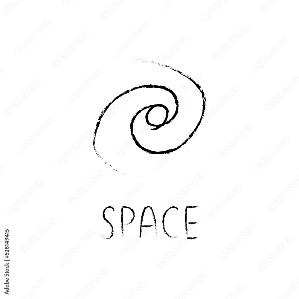 Doodle cosmos illustration in childish style. Hand drawn space card with lettering, spiral. Black and white. Doodle cosmos illustration in childish style. Hand drawn space card with lettering, spiral. Black and white.