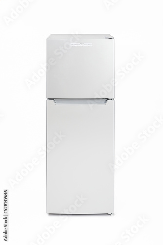 Front view of a silver refrigerator isolated on white background.