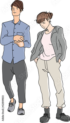 Couple of teenagers minimal hand drawing with different poses colored