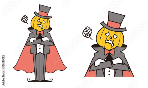 腕組みして悩んでいるマントをなびかせた頭がカボチャのドラキュラ男爵のイラスト素材。
