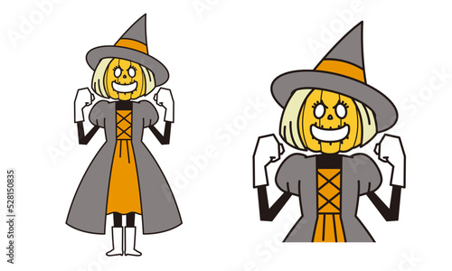 ガッツポーズをしているドレスを着た頭が南瓜の魔女のイラスト素材。