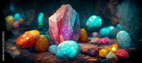 3D rendering. Colorful gemstones inside a magical cave. 3D realistic render background