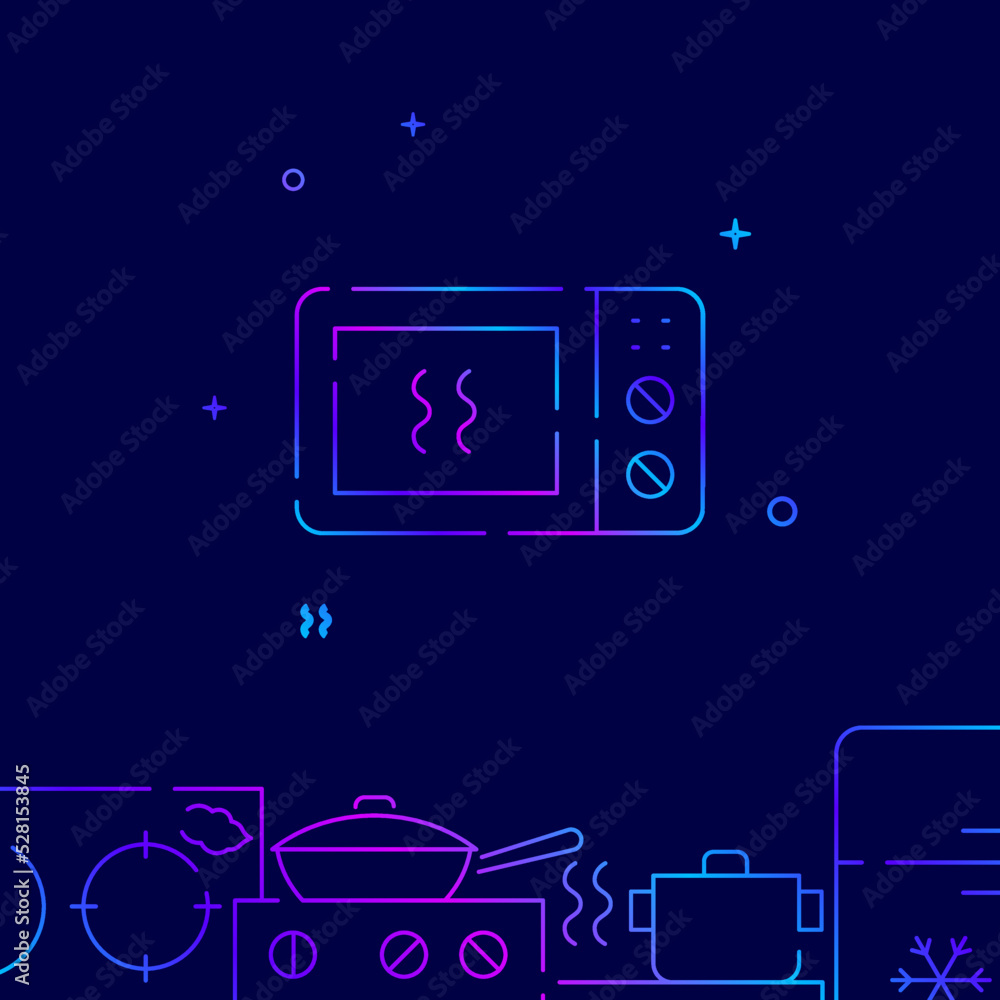 Heated microwave oven gradient line vector icon, simple illustration on a dark blue background, kitchenware related bottom border.