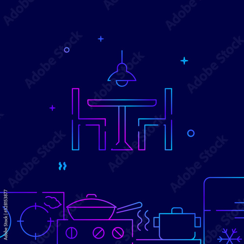 Dinner table gradient line vector icon, simple illustration on a dark blue background, kitchenware related bottom border.