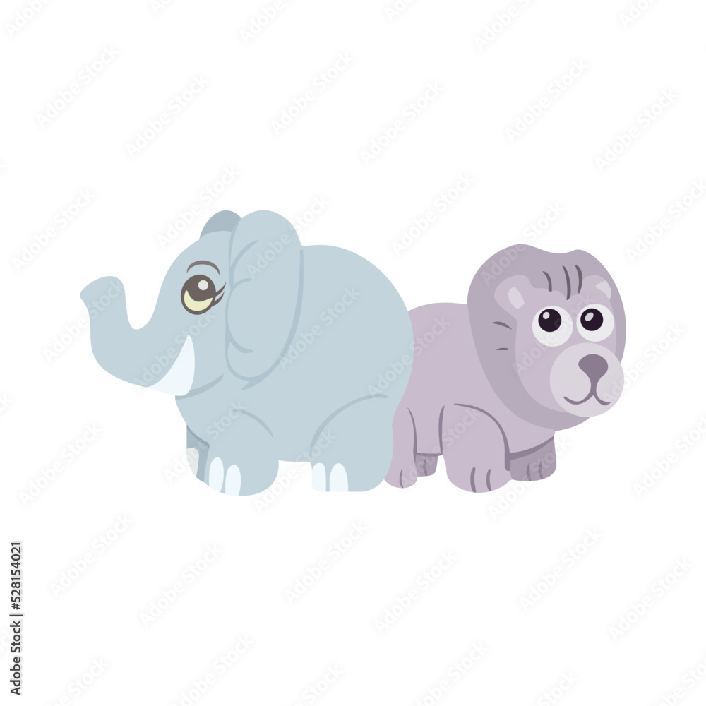 Naklejka premium Cute elephant and lion semi flat color vector character. Toy doll. Simple cartoon style illustration for graphic design