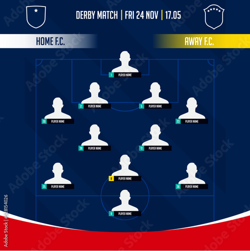 Football team formation, starting list or lineups infographic template. Set of football player position on soccer field.  Football kit, soccer jersey icon in flat design. 