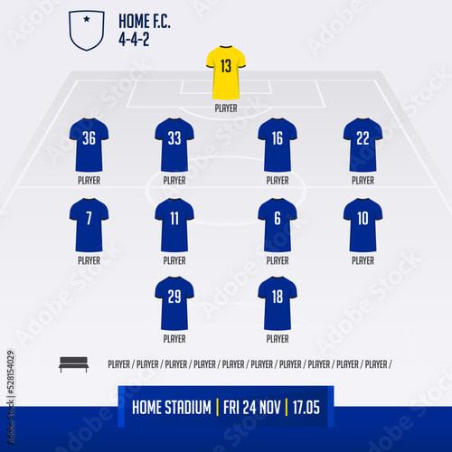 Football team formation, starting list or lineups infographic template. Set of football player position on soccer field.  Football kit, soccer jersey icon in flat design. 