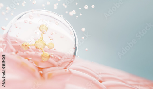 Fototapeta Naklejka Na Ścianę i Meble -  Molecule inside Transparent liquid bubble on soft background, concept skin care cosmetics solution. 3d rendering.