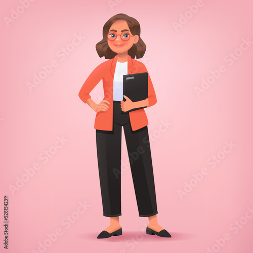 Business woman or secretary. Businesswoman stands in full growth holding a folder in her hands. Vector illustration