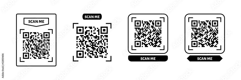 Scan me QR code design. QR code for payment, text transfer with scan me button. Vector illustration isolated in white background Scan me QR code design. QR code for payment, text transfer with scan me button. Vector illustration isolated in white background