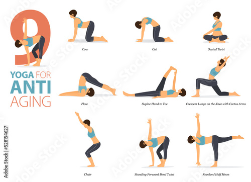 9 Yoga poses or asana posture for workout in anti aging concept. Women exercising for body stretching. Fitness infographic. Flat cartoon vector