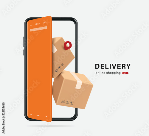 Parcel boxes are piled up in front of smartphone screen that resembles an opening door to convey delivery of goods to customers to front of the house with online shopping platform,vector 3d isolated