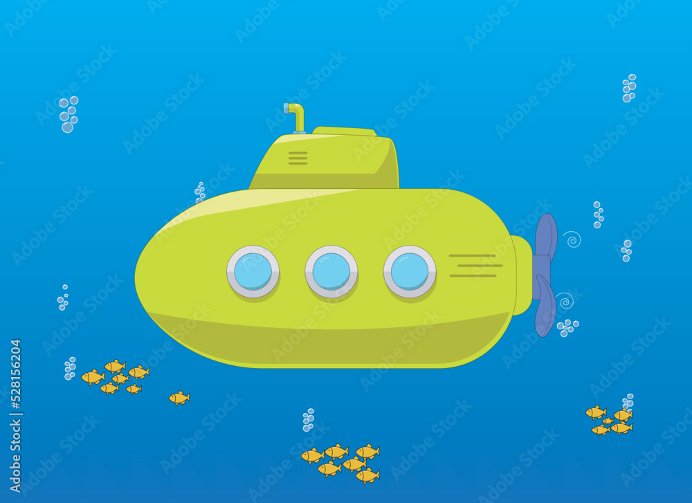 Obraz premium Yellow Submarine underwater with fish, cartoon style, with periscope, underwater ship bathyscaphe, Diving Exploring At the Bottom of Sea Flat design. Vector. children carton, vector