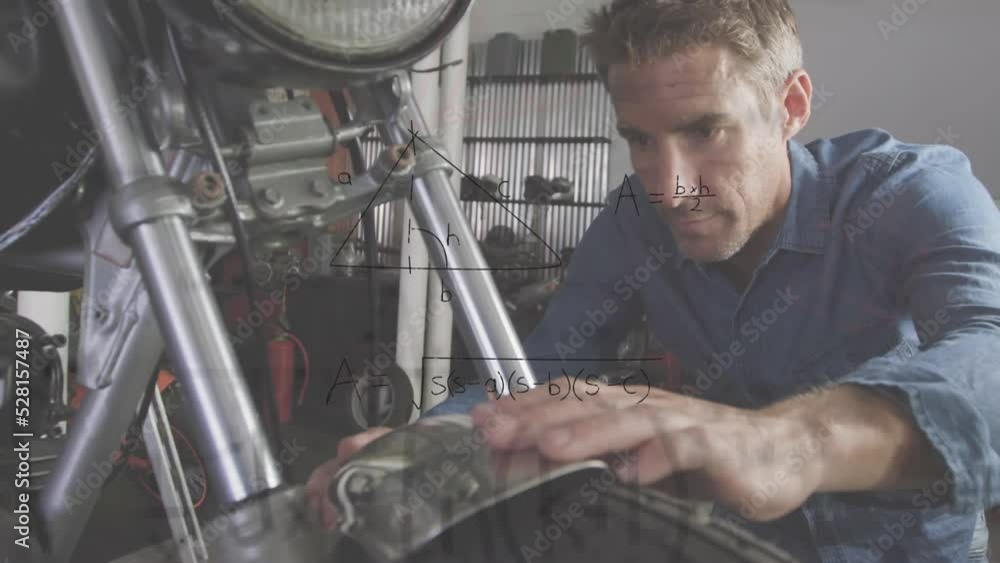 Animation of mathematical equations with man repairing wheel of his motorbike Animation of mathematical equations with man repairing wheel of his motorbike