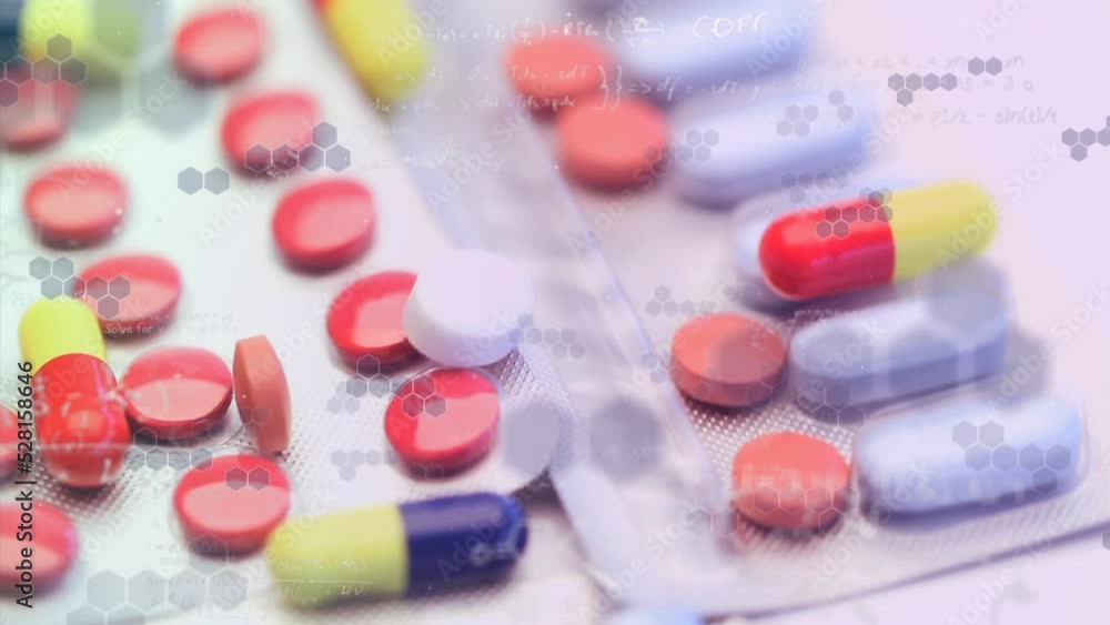 Animation of floating chemical structures and mathematical equations over different pills Animation of floating chemical structures and mathematical equations over different pills