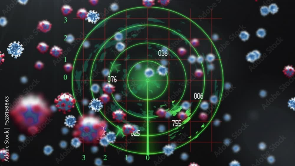 Animation of floating macro Covid-19 cells over flight radar Animation of floating macro Covid-19 cells over flight radar