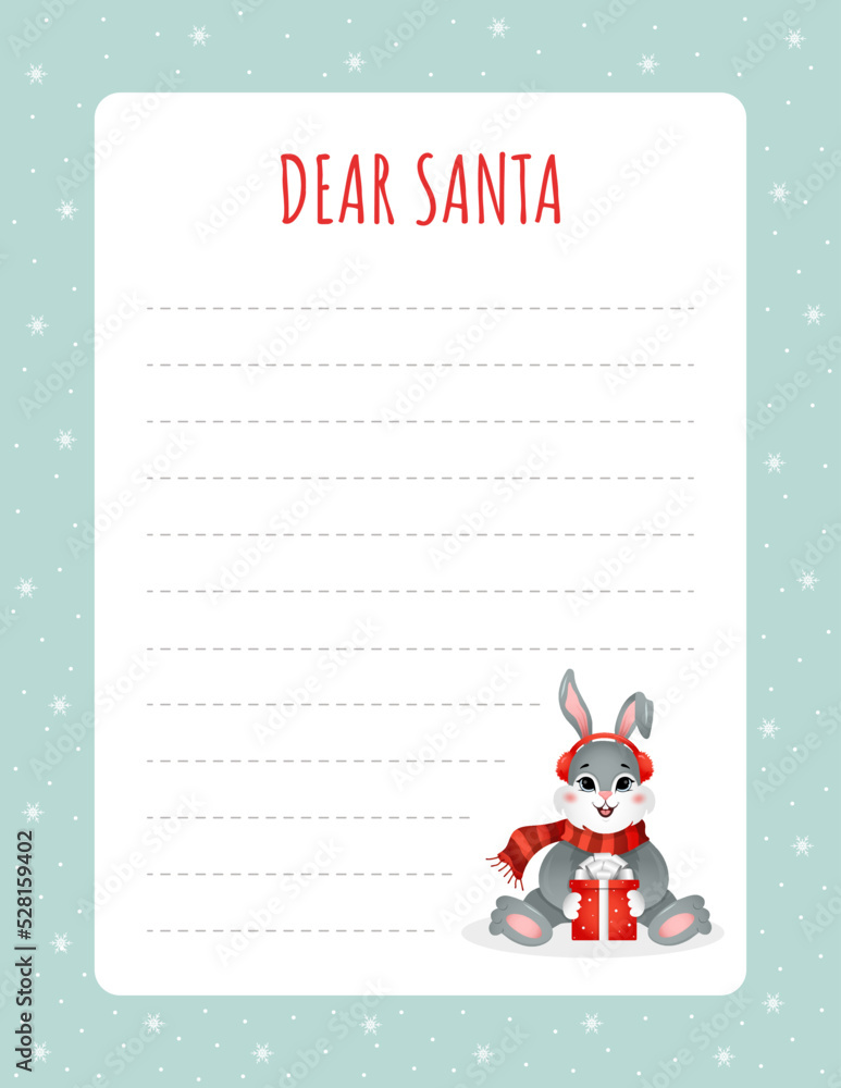Template for letter to Santa Claus. Christmas layout with cute bunny for wish lists, greeting cards and invitations. Ornate postcard for winter holidays. Vector illustration in flat cartoon style.