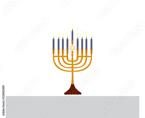 Happy Hanukkah, Jewish Festival of Lights scene with people, happy families with children. Happy Hanukkah lettering in Hebrew. Original Hebrew font logo with Hanukkah menorah (candelabra) for postcard