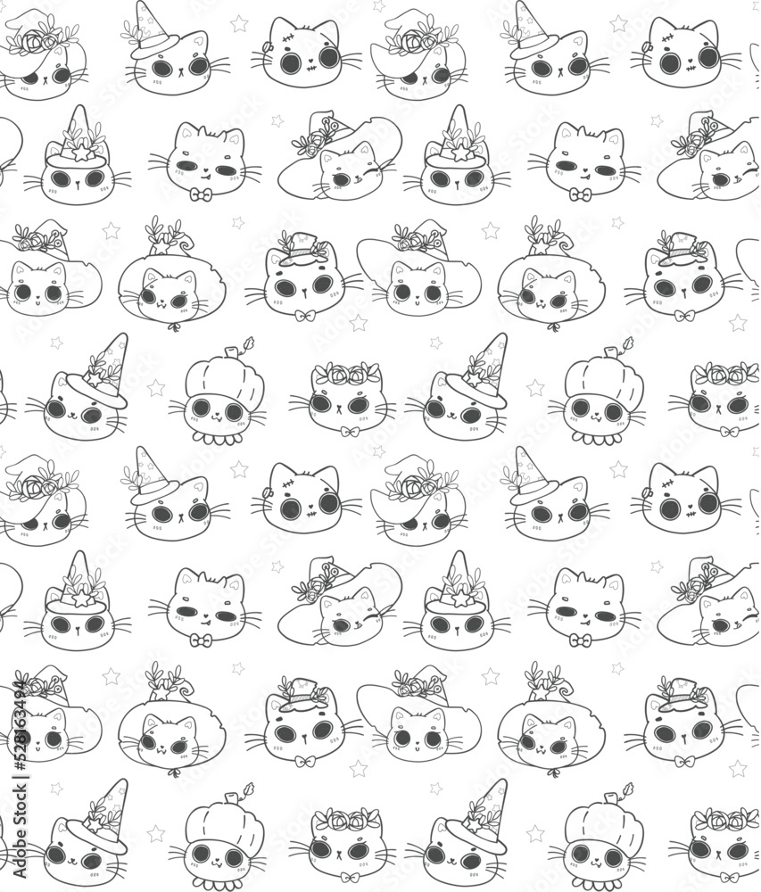 pattern seamless background Halloween kitten cat outline black doodle isolated on white