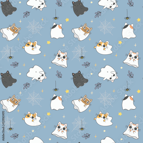 cute ghost kitten cat halloween pattern seamless background cartoon doodle hand drawn