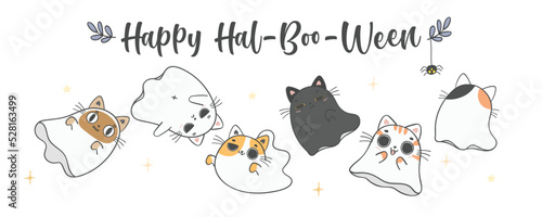 group of cute Halloween kitten cat ghost cartoon pet doodle hand drawing
