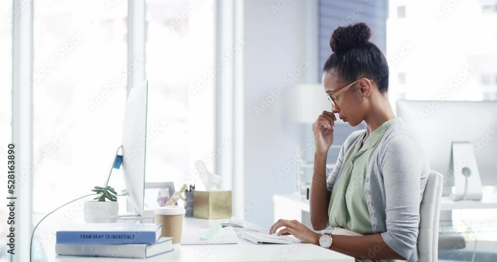 Receptionist, sick and virus business woman with tissue for her nose for illness, flu or cold while typing in corporate office. Black woman with allergy or hay fever while working at desktop computer Receptionist, sick and virus business woman with tissue for her nose for illness, flu or cold while typing in corporate office. Black woman with allergy or hay fever while working at desktop computer