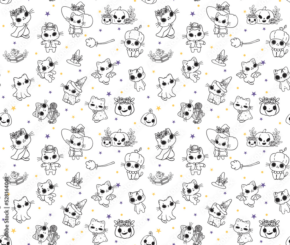 cute pattern seamless background, kawaii Halloween kitten, kawaii cat Halloween costume cartoon outline doodle