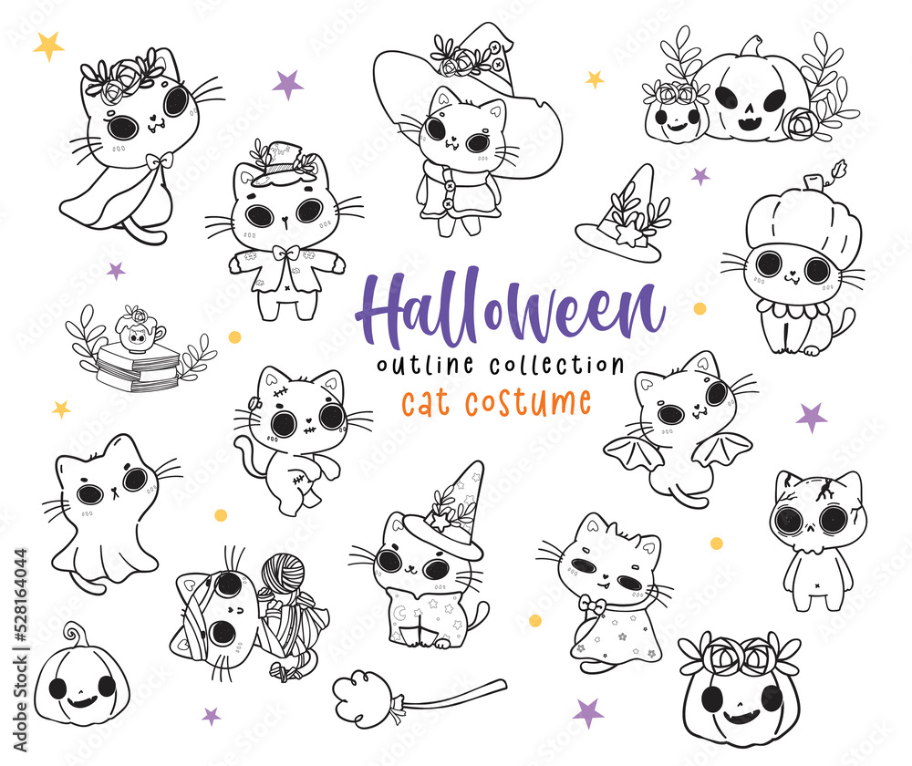 Fototapeta premium cute Halloween kitten, kawaii cat Halloween costume set cartoon outline doodle set vector for colouring book