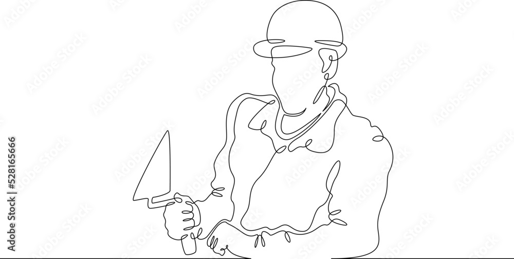 One continuous line.Bricklayer at a construction site. Home construction.Builder with a tool in his hands.Laying the wall. Construction worker.One continuous line is drawn on a white background.