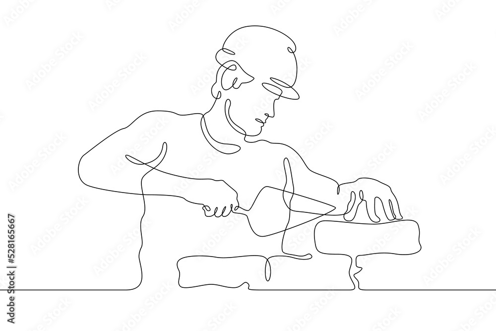 One continuous line.Bricklayer at a construction site. Home construction.Builder with a tool in his hands.Laying the wall. Construction worker.One continuous line is drawn on a white background.