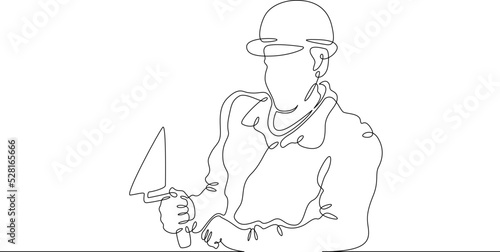 One continuous line.Bricklayer at a construction site. Home construction.Builder with a tool in his hands.Laying the wall. Construction worker.One continuous line is drawn on a white background.
