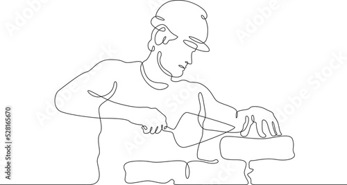 One continuous line.Bricklayer at a construction site. Home construction.Builder with a tool in his hands.Laying the wall. Construction worker.One continuous line is drawn on a white background.