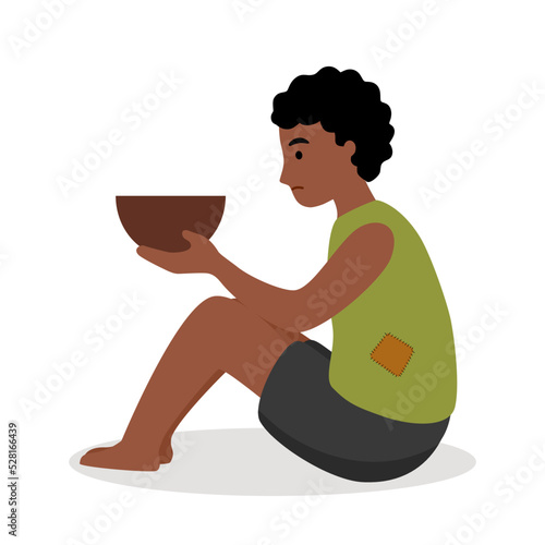 Poor child beggar in flat design on white background. Poverty kids.