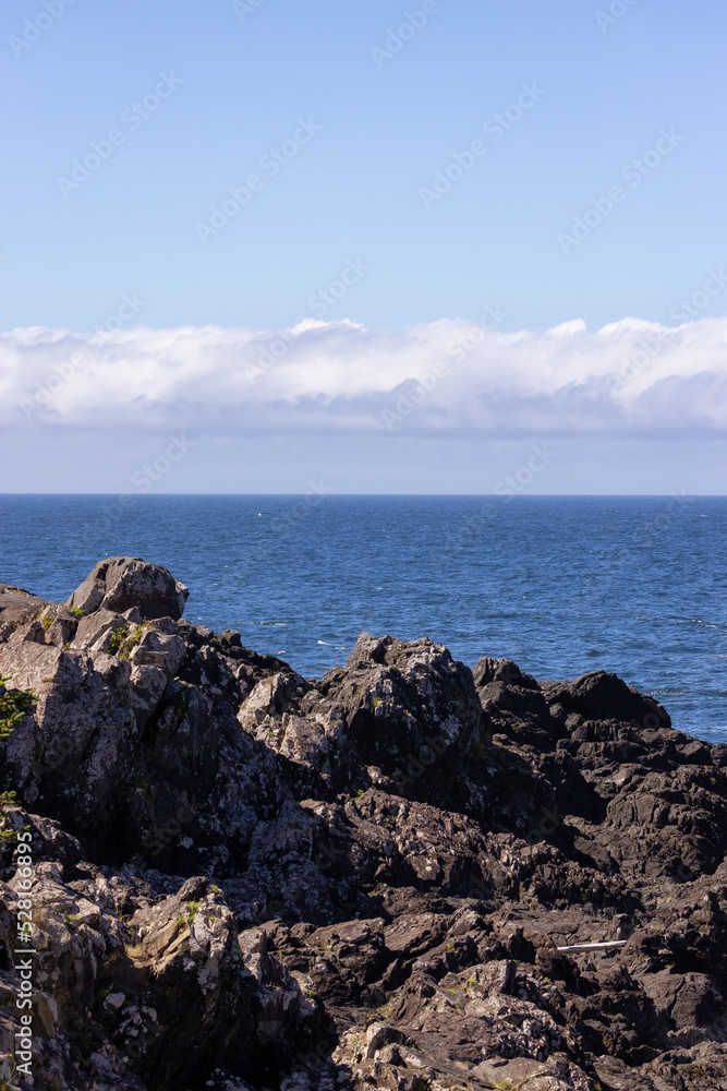 Rugged Rocks on a rocky shore on the West Coast of Pacific Ocean. Summer Morning Sky. Ucluelet, Vancouver Island, British Columbia, Canada. Nature Background